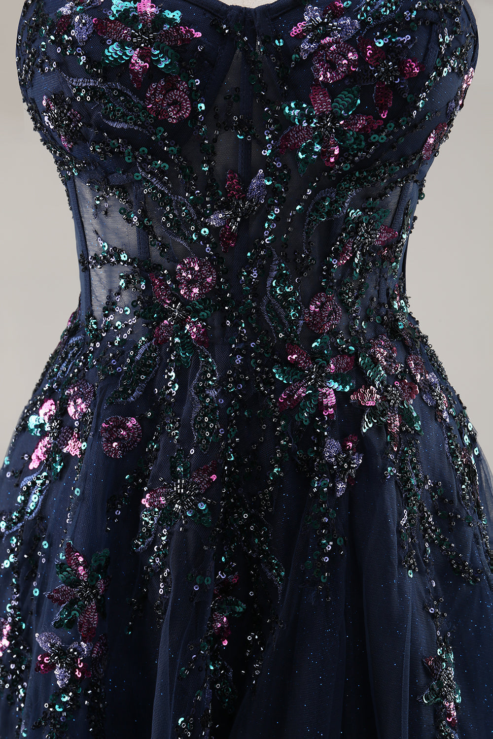 Blaues Trägerloses A-Linie Pailletten Tüll Korsett Langes Ballkleid mit Schlitz