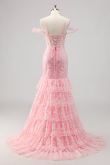 Korsett Meerjungfrau Kalte Schulter Appliziertes Rosa Ballkleid