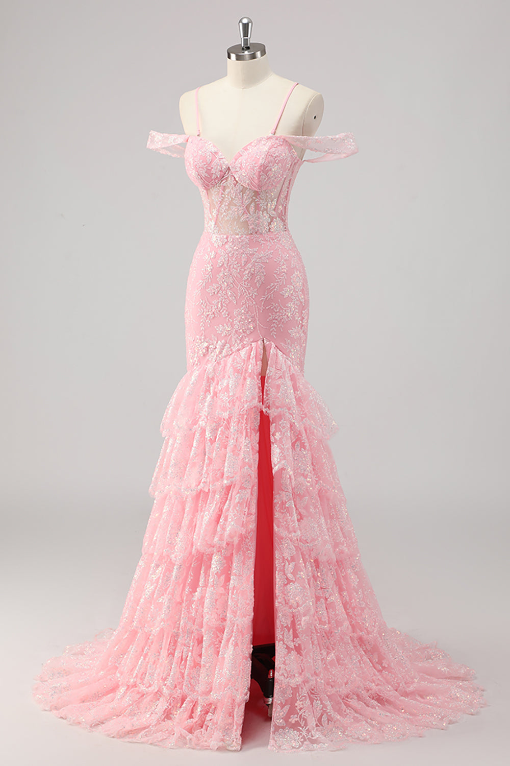 Korsett Meerjungfrau Kalte Schulter Appliziertes Rosa Ballkleid