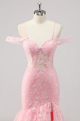 Korsett Meerjungfrau Kalte Schulter Appliziertes Rosa Ballkleid