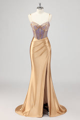Meerjungfrau Glitzerndes Korsett Goldenes Ballkleid mit Schlitz