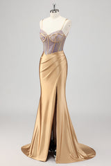 Meerjungfrau Glitzerndes Korsett Goldenes Ballkleid mit Schlitz