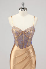 Meerjungfrau Glitzerndes Korsett Goldenes Ballkleid mit Schlitz