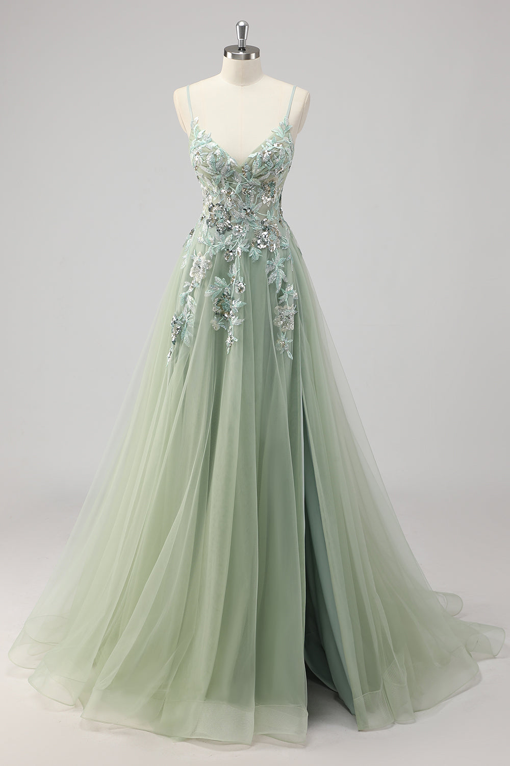 Grünes A-Linie Pailletten Ballkleid mit Schlitz