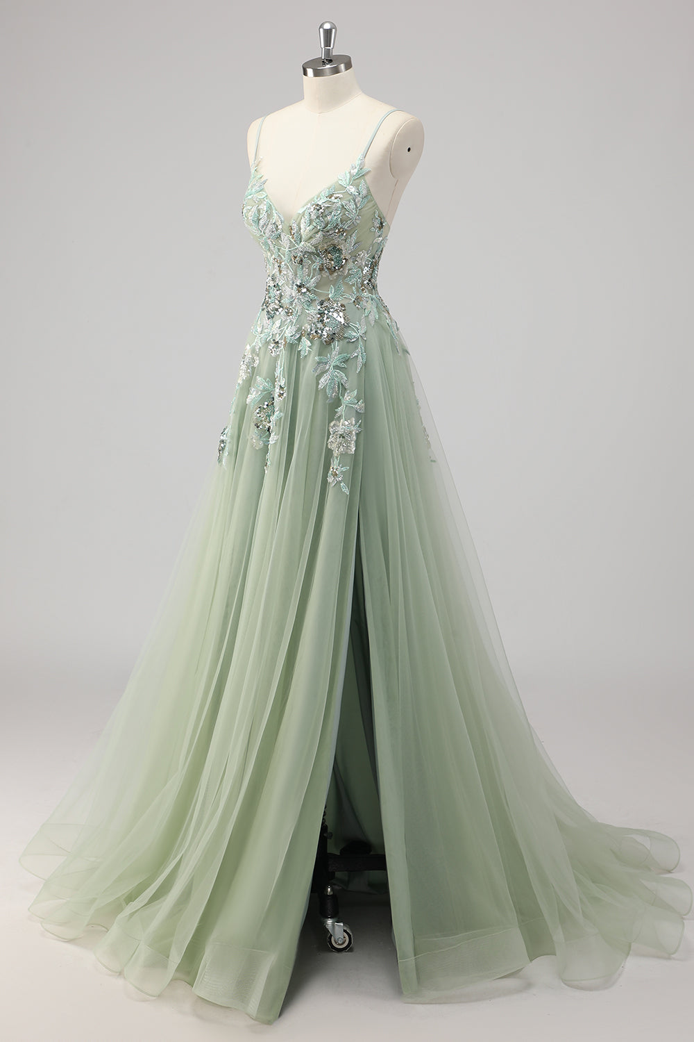 Grünes A-Linie Pailletten Ballkleid mit Schlitz