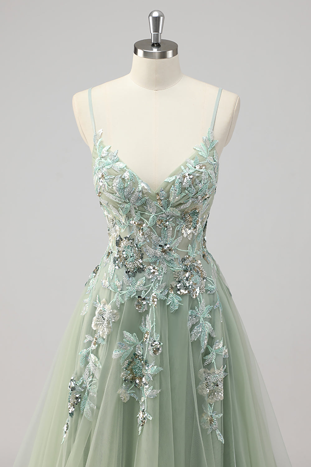 Grünes A-Linie Pailletten Ballkleid mit Schlitz