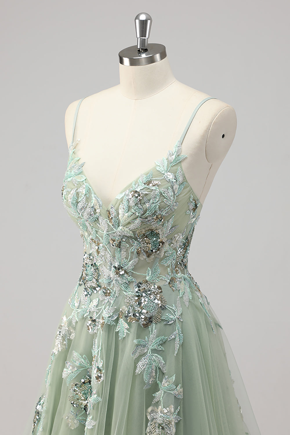 Grünes A-Linie Pailletten Ballkleid mit Schlitz