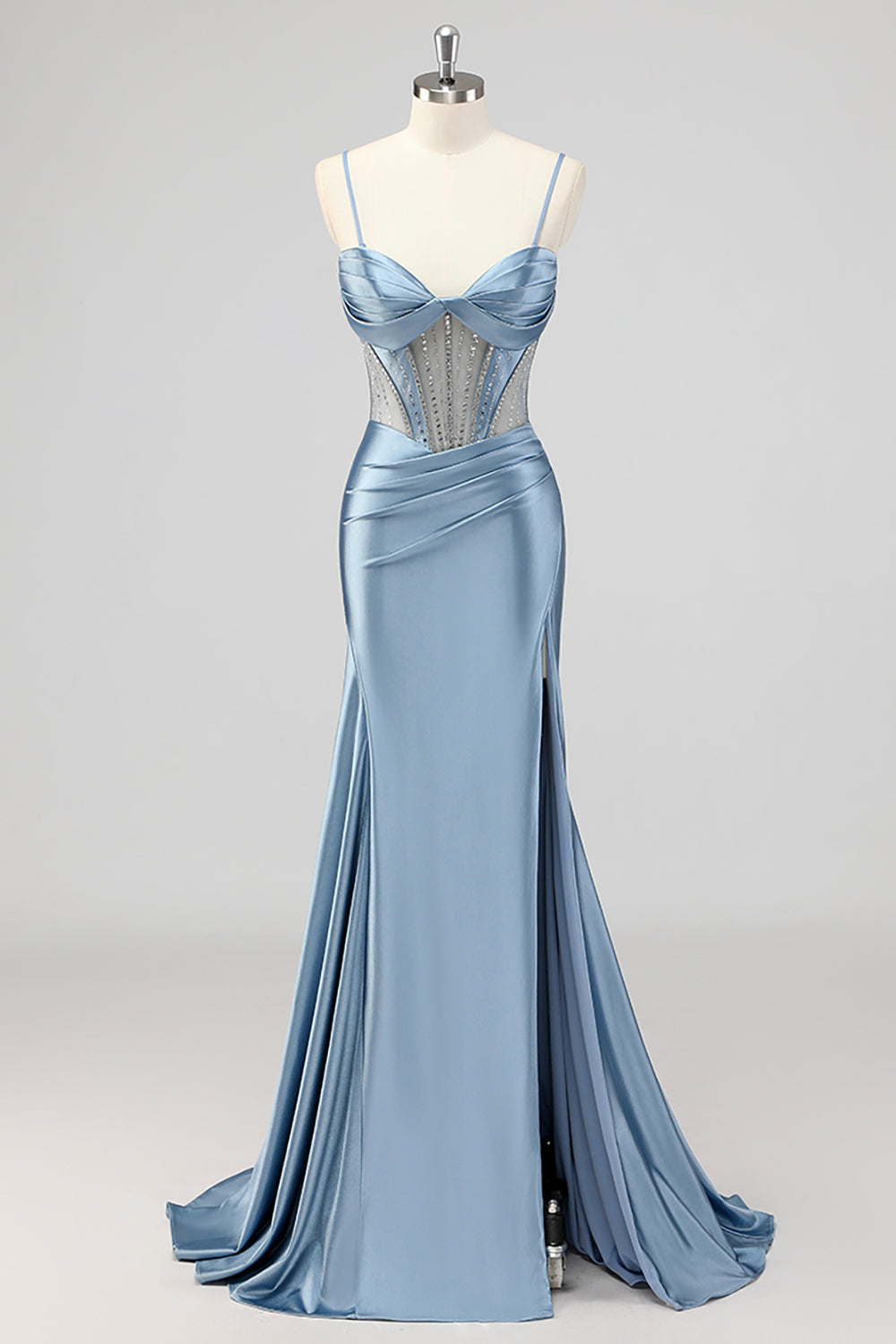 Meerjungfrau Grau Blau Korsett Perlen Ballkleid mit Schlitz