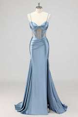 Meerjungfrau Grau Blau Korsett Perlen Ballkleid mit Schlitz