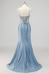 Meerjungfrau Grau Blau Korsett Perlen Ballkleid mit Schlitz