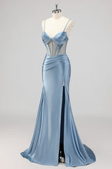 Meerjungfrau Grau Blau Korsett Perlen Ballkleid mit Schlitz