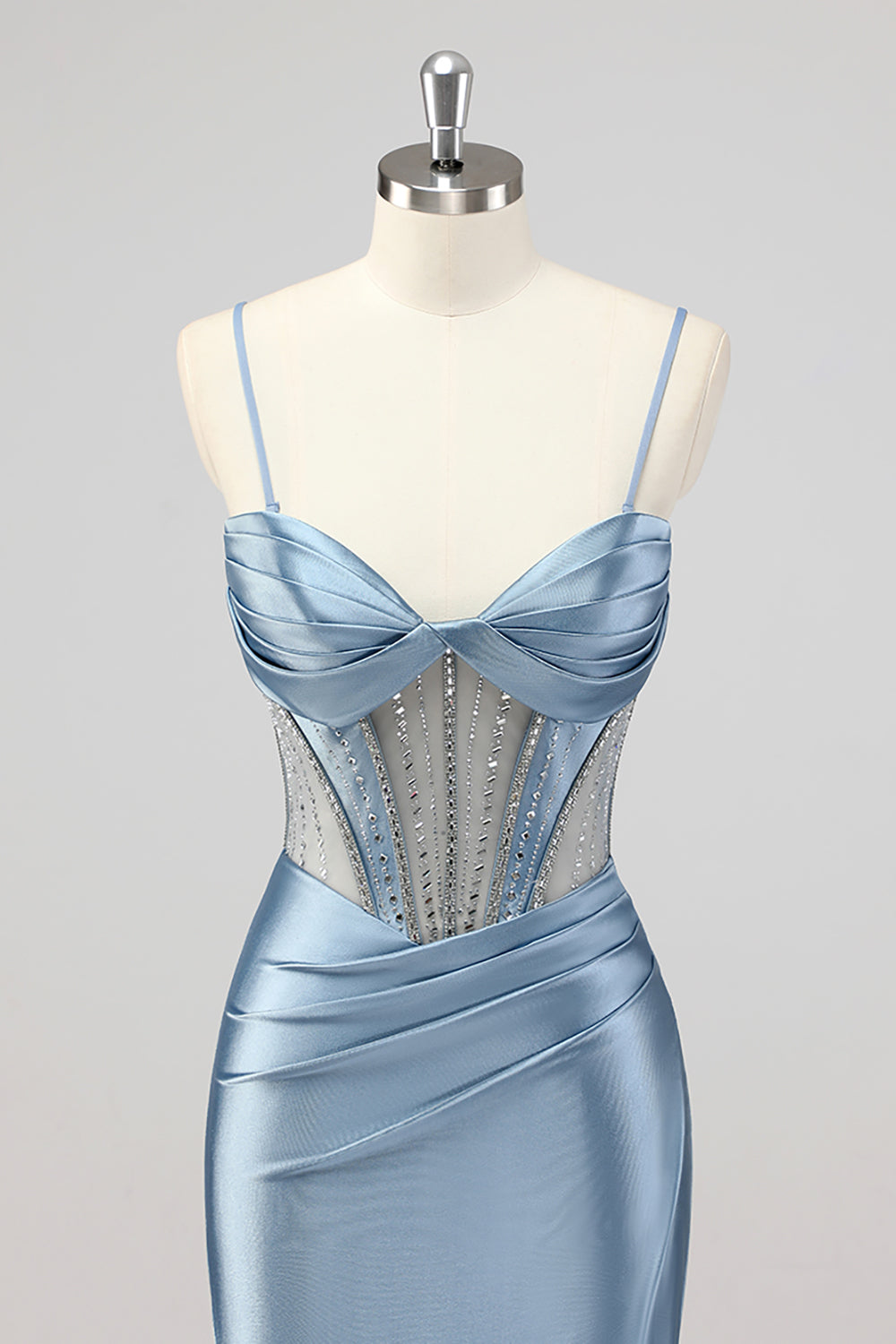 Meerjungfrau Grau Blau Korsett Perlen Ballkleid mit Schlitz