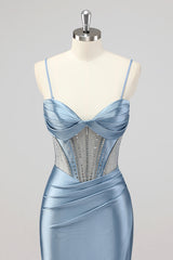 Meerjungfrau Grau Blau Korsett Perlen Ballkleid mit Schlitz