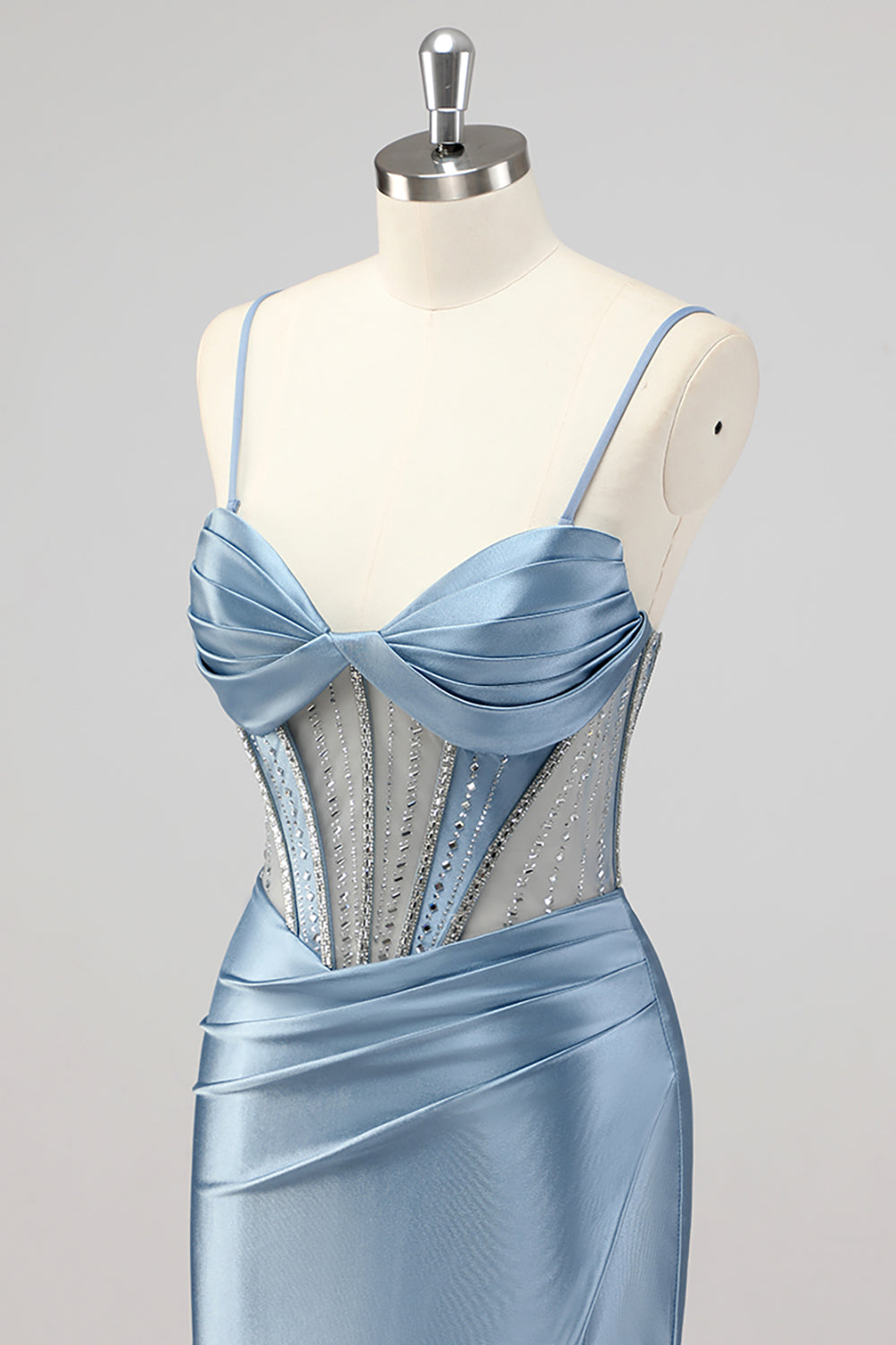 Meerjungfrau Grau Blau Korsett Perlen Ballkleid mit Schlitz