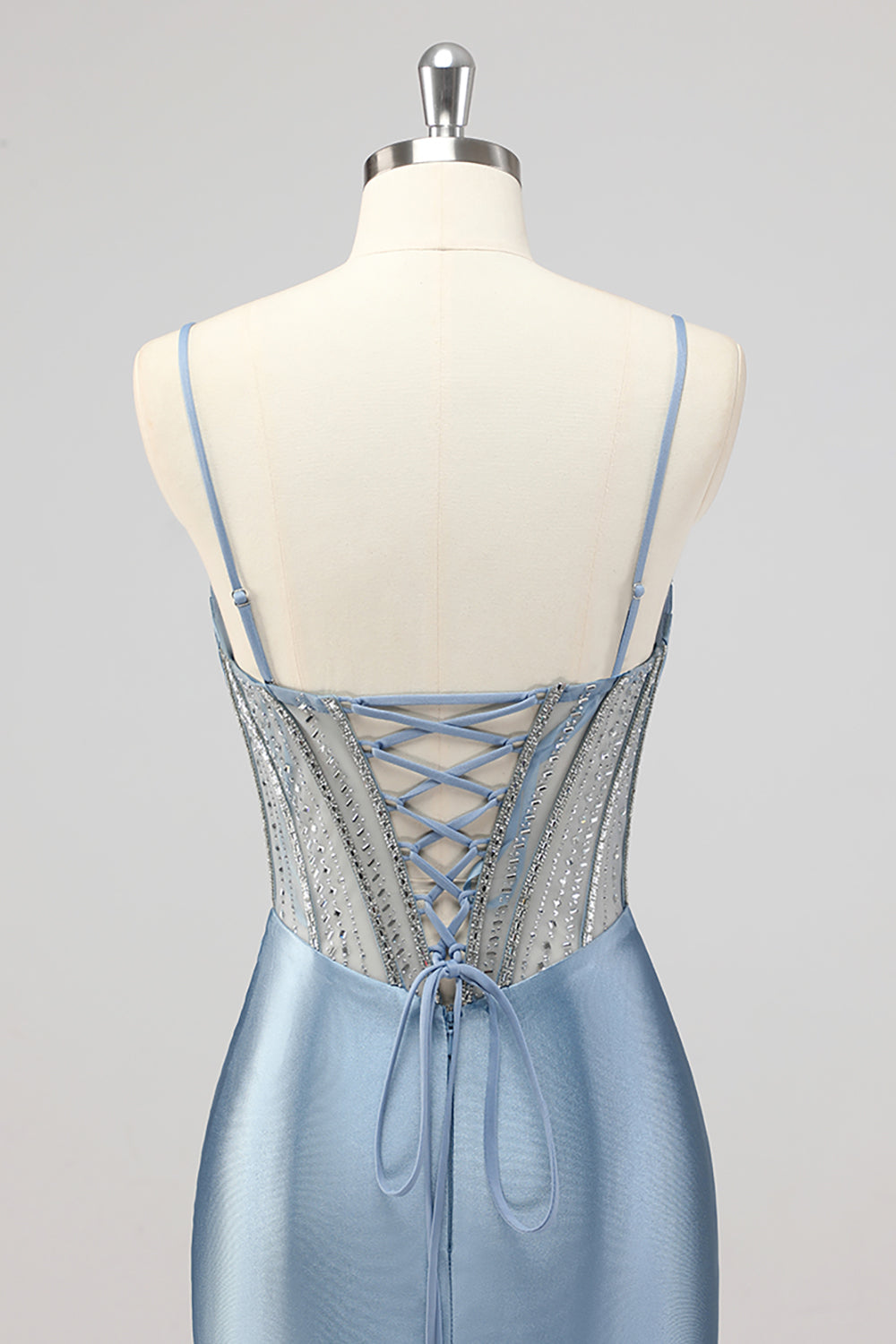 Meerjungfrau Grau Blau Korsett Perlen Ballkleid mit Schlitz