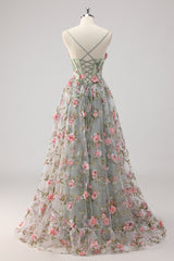 A Linie Graugrünes Perlenbesetztes Korsett Langes Ballkleid mit 3D-Blumen