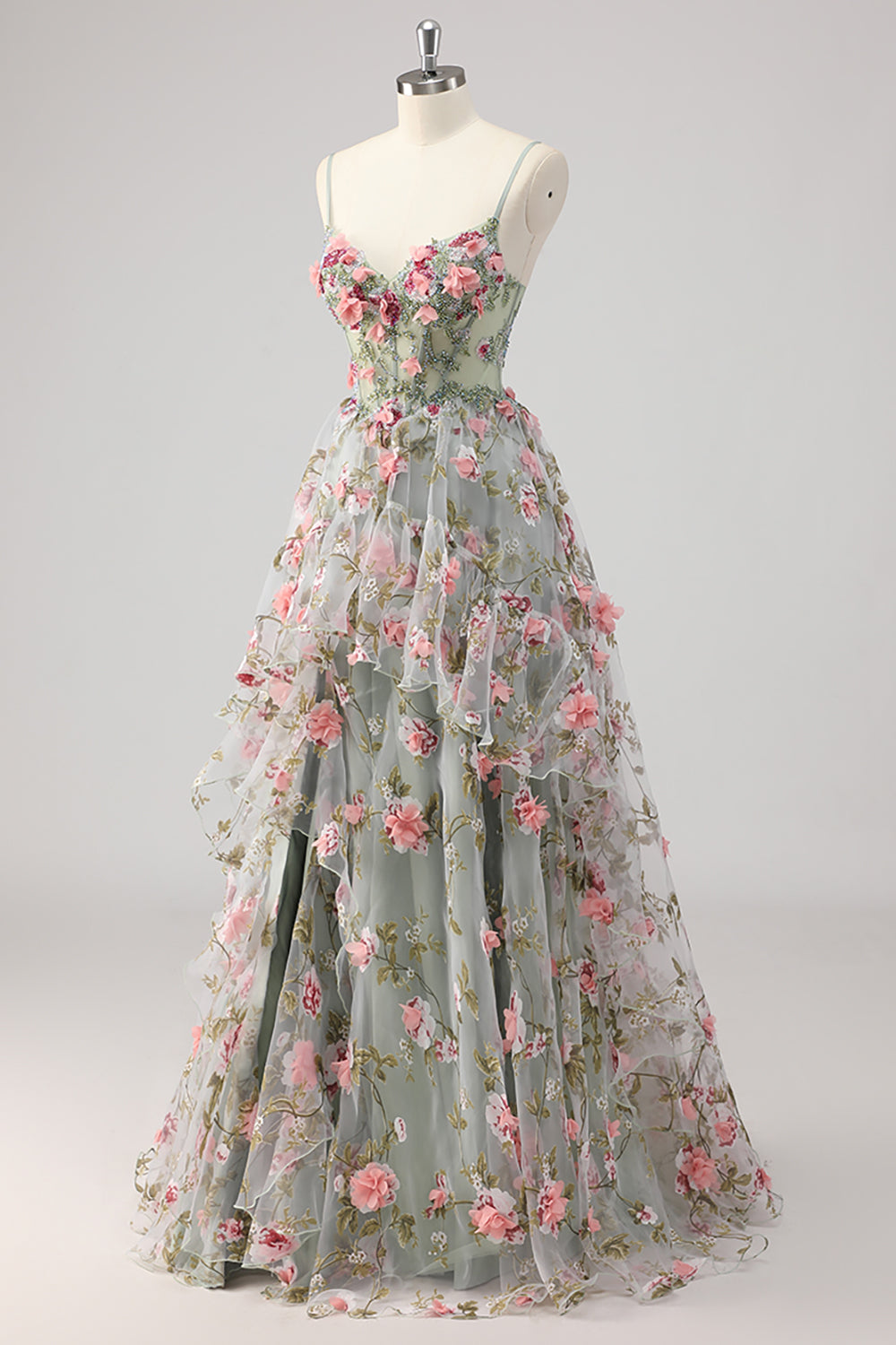 A Linie Graugrünes Perlenbesetztes Korsett Langes Ballkleid mit 3D-Blumen