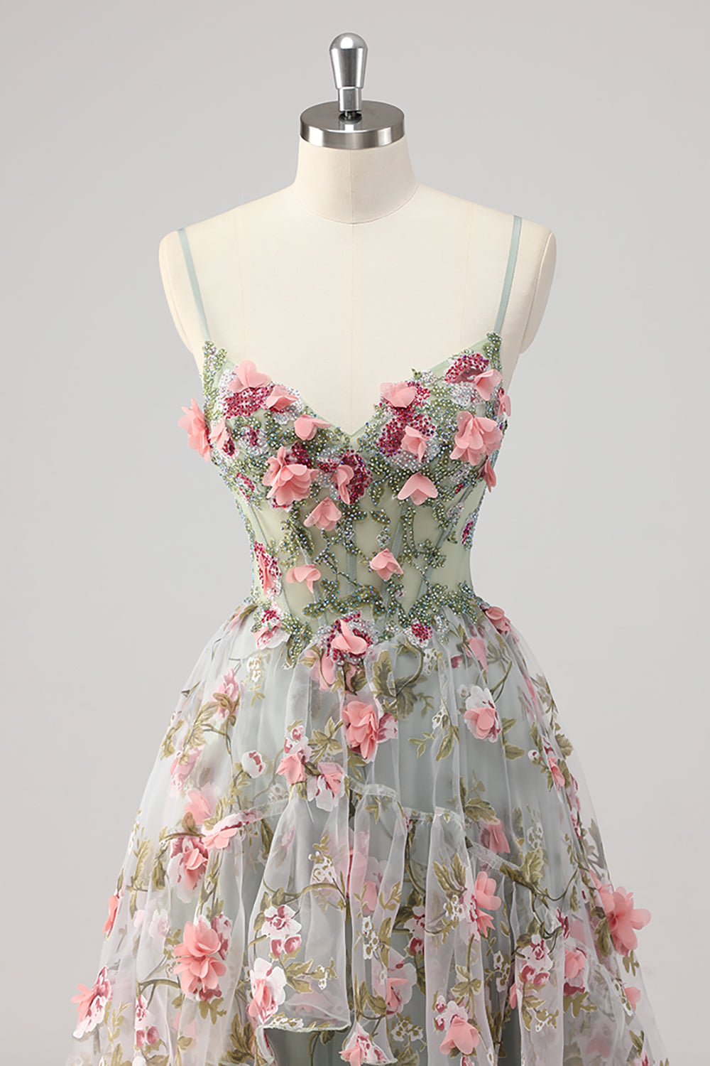A Linie Graugrünes Perlenbesetztes Korsett Langes Ballkleid mit 3D-Blumen