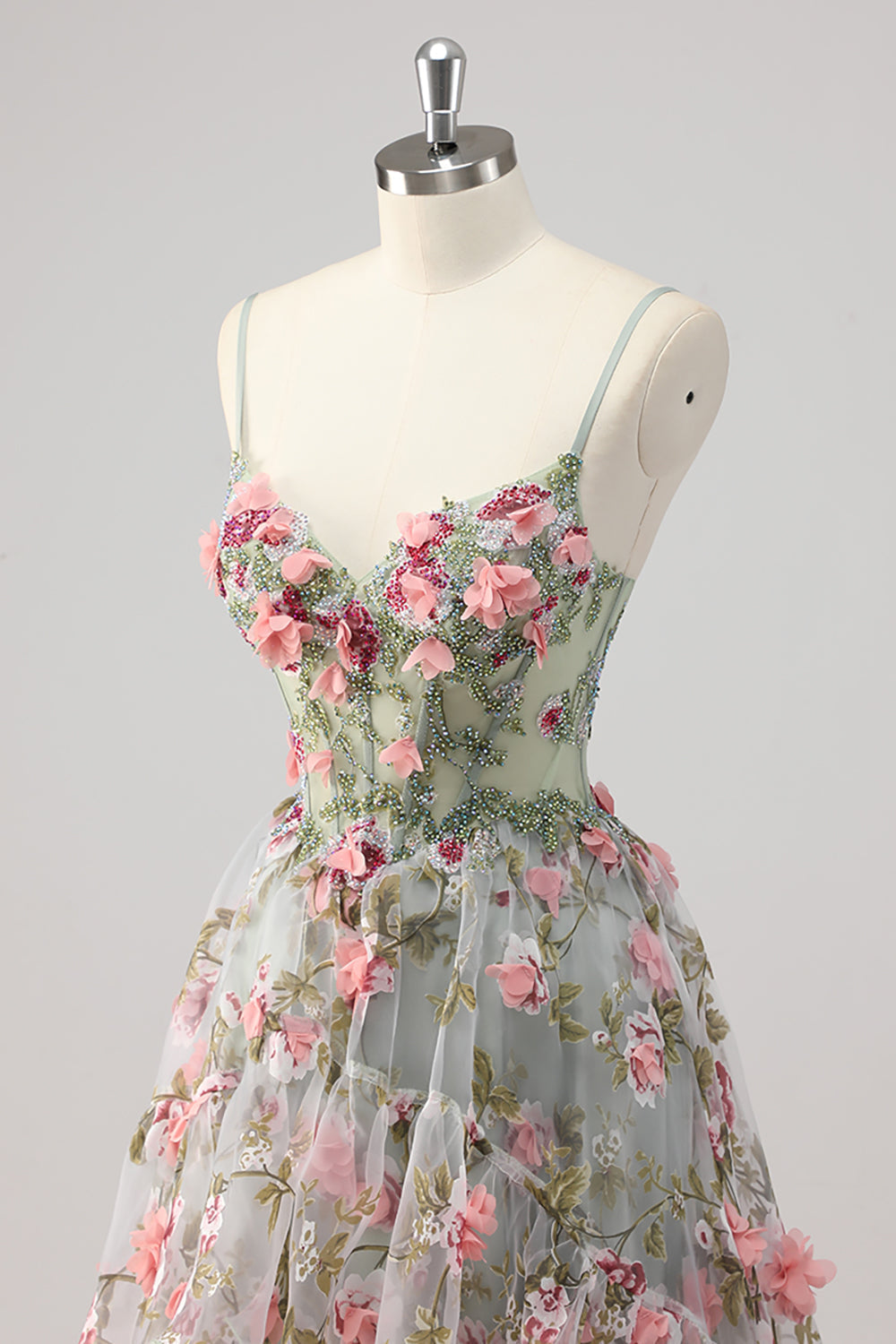 A Linie Graugrünes Perlenbesetztes Korsett Langes Ballkleid mit 3D-Blumen