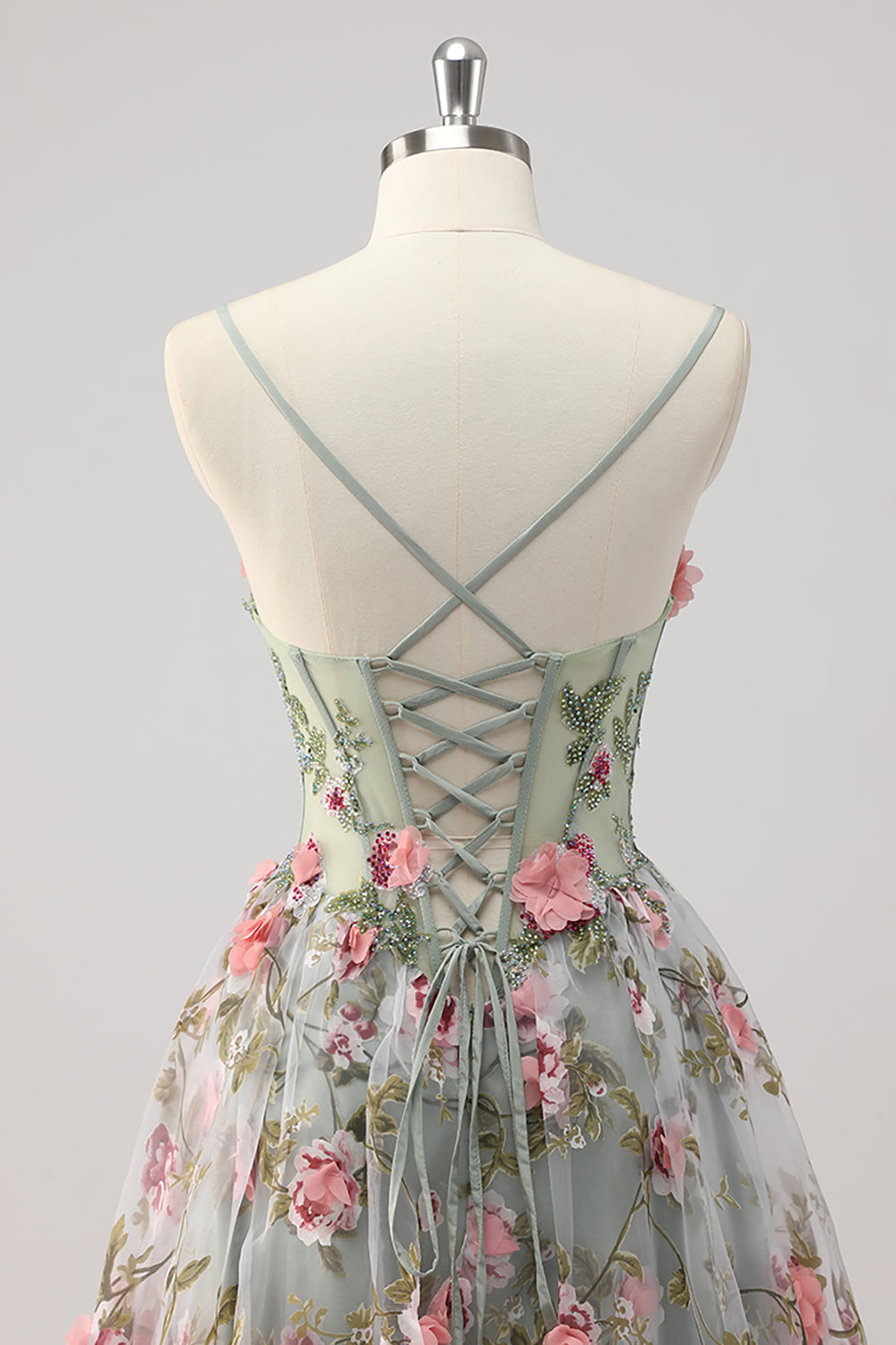 A Linie Graugrünes Perlenbesetztes Korsett Langes Ballkleid mit 3D-Blumen