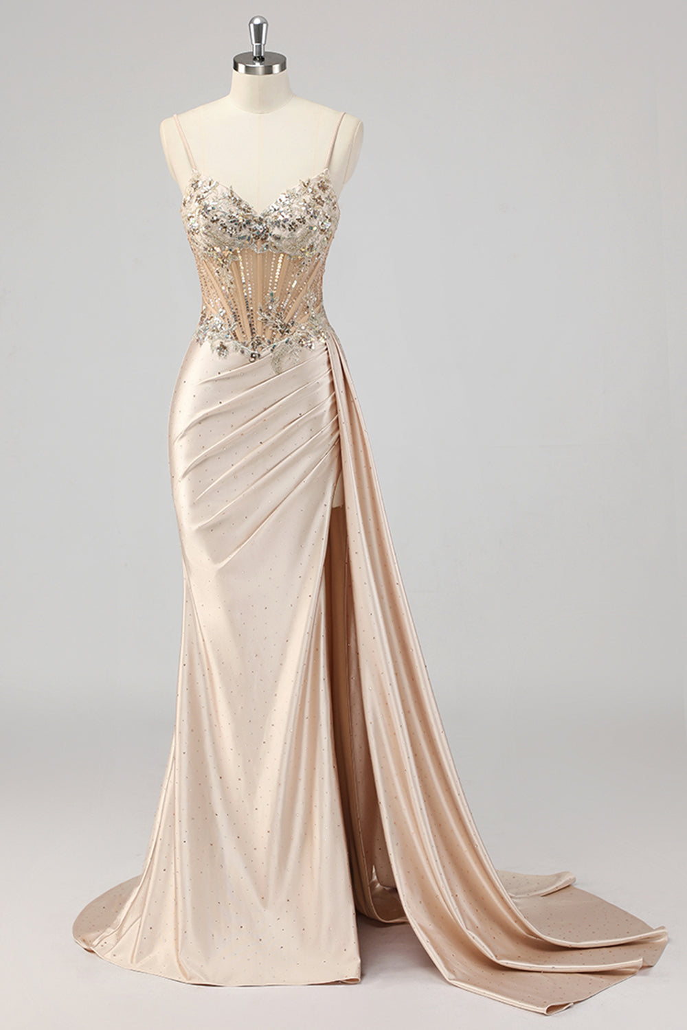 Champagner Meerjungfrau Pailletten Seitliches Streamer Korsett Ballkleid mit Schlitz
