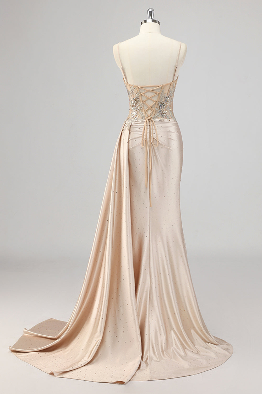 Champagner Meerjungfrau Pailletten Seitliches Streamer Korsett Ballkleid mit Schlitz