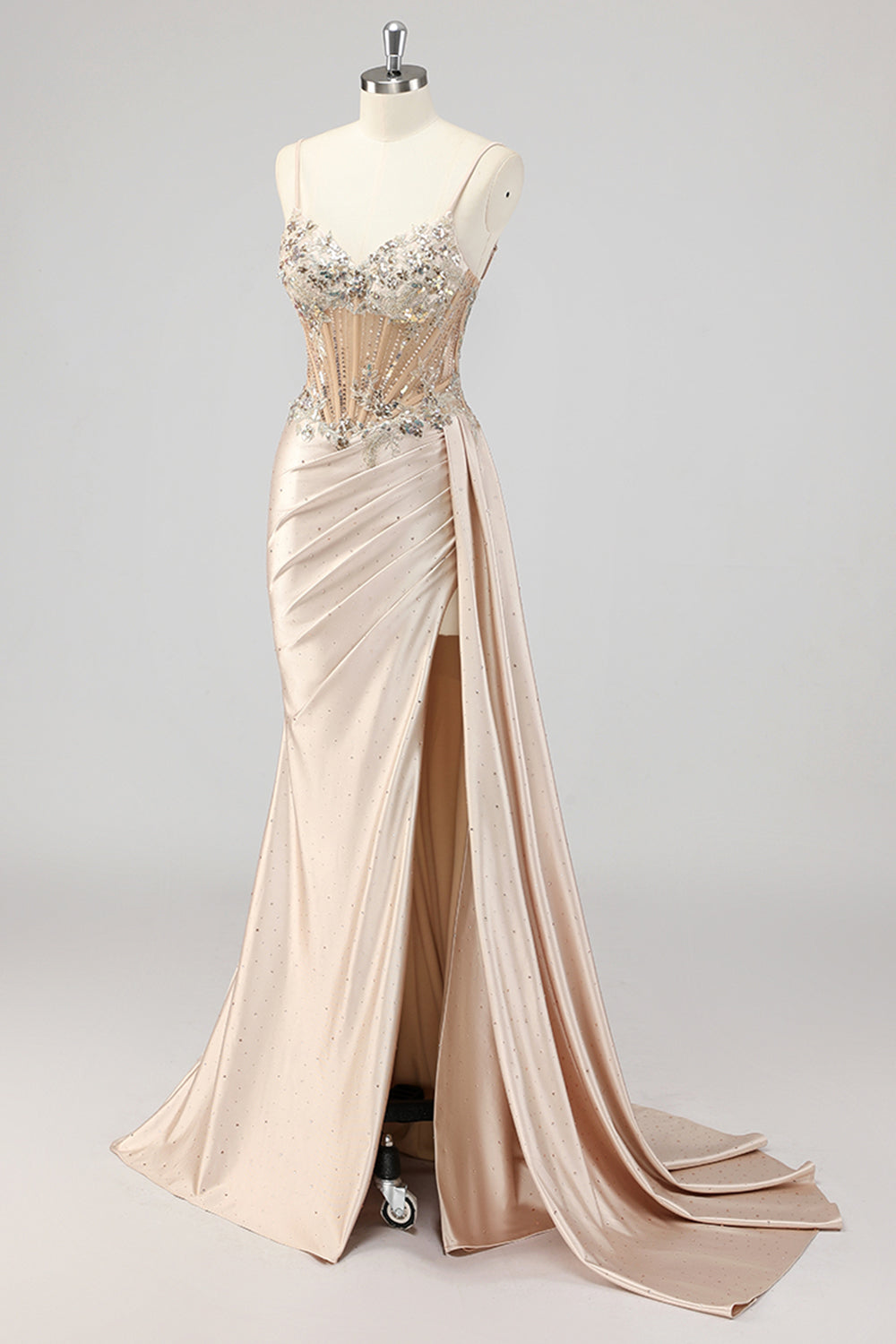 Champagner Meerjungfrau Pailletten Seitliches Streamer Korsett Ballkleid mit Schlitz