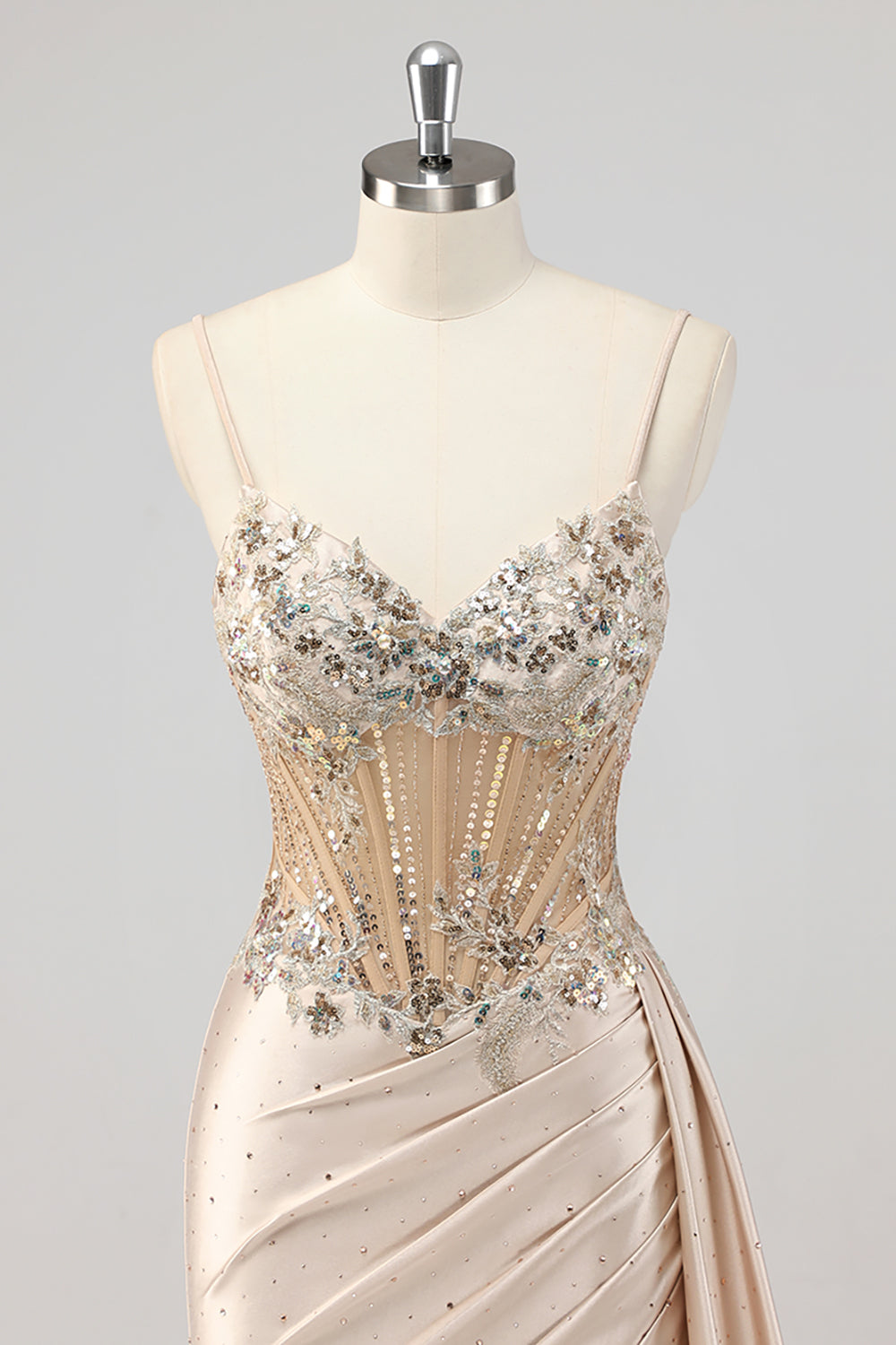 Champagner Meerjungfrau Pailletten Seitliches Streamer Korsett Ballkleid mit Schlitz