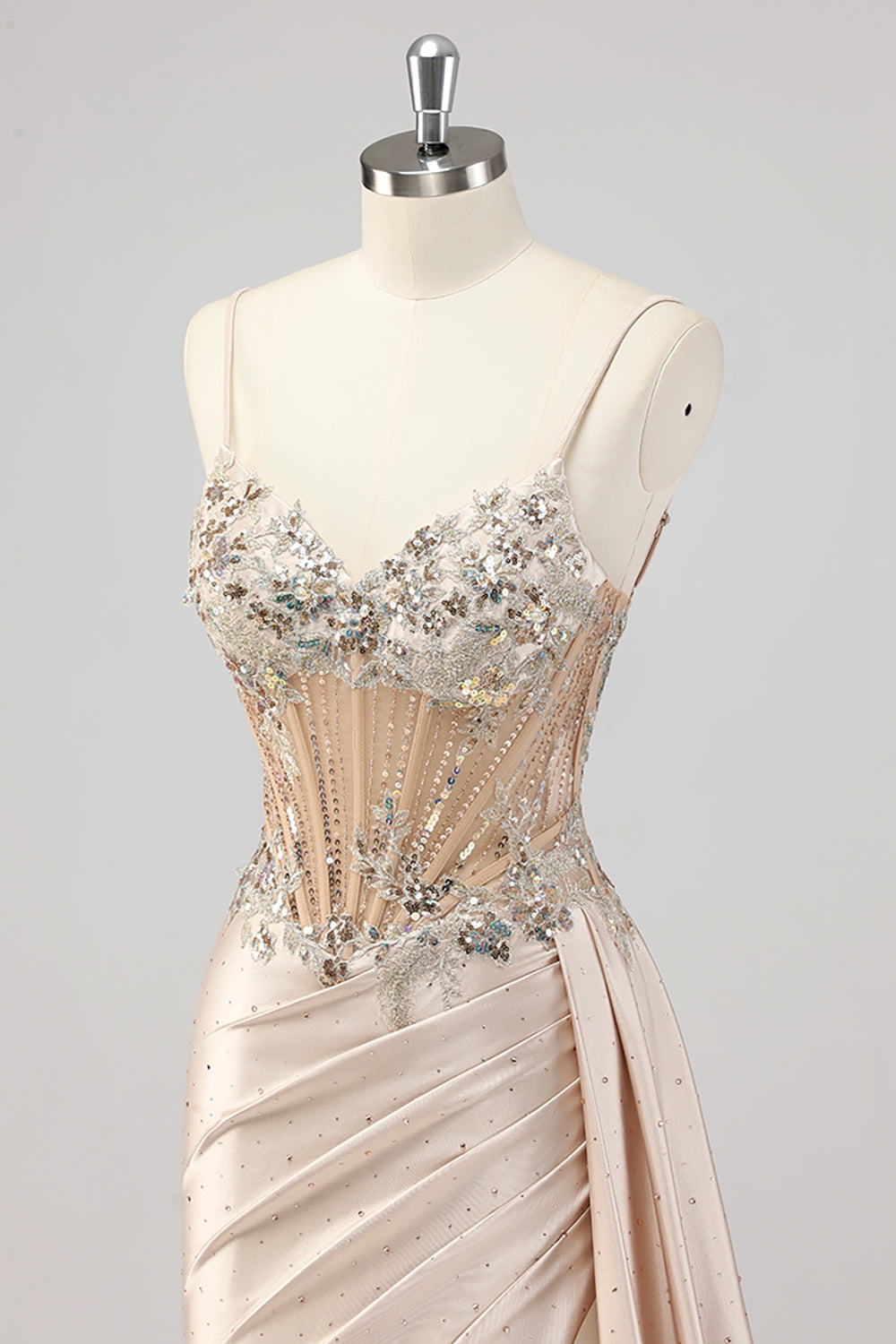 Champagner Meerjungfrau Pailletten Seitliches Streamer Korsett Ballkleid mit Schlitz