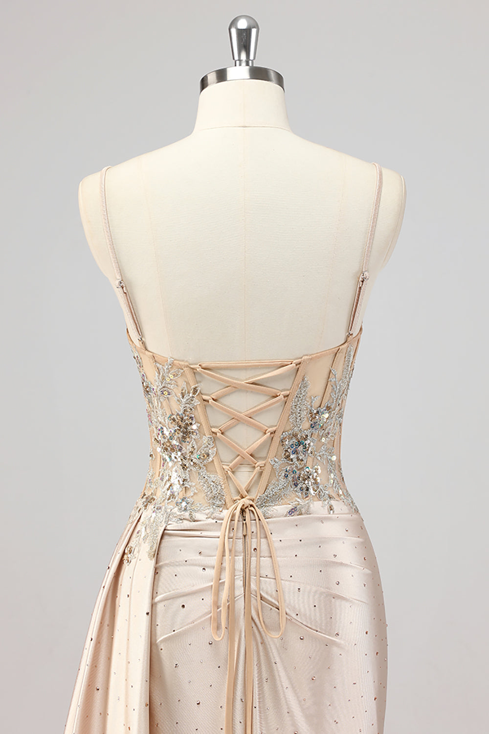 Champagner Meerjungfrau Pailletten Seitliches Streamer Korsett Ballkleid mit Schlitz