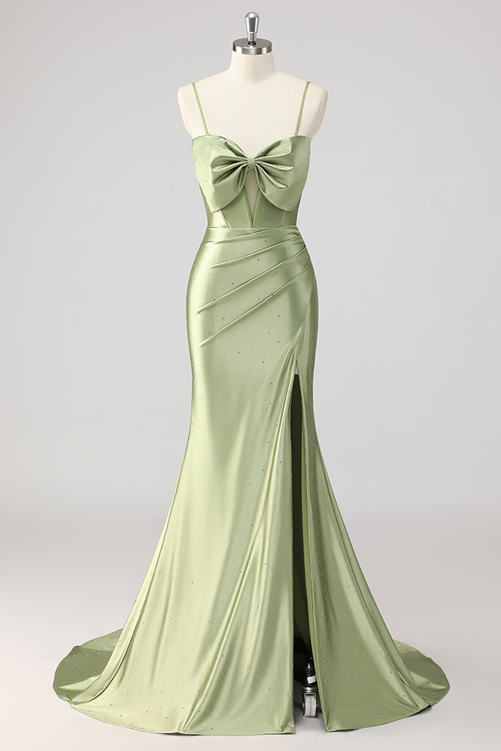 Korsett Meerjungfrau Satin Grünes Perlen Ballkleid mit Schlitz