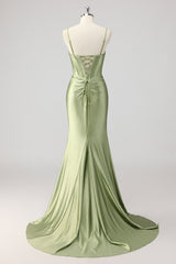 Korsett Meerjungfrau Satin Grünes Perlen Ballkleid mit Schlitz