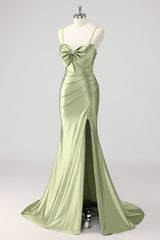 Korsett Meerjungfrau Satin Grünes Perlen Ballkleid mit Schlitz