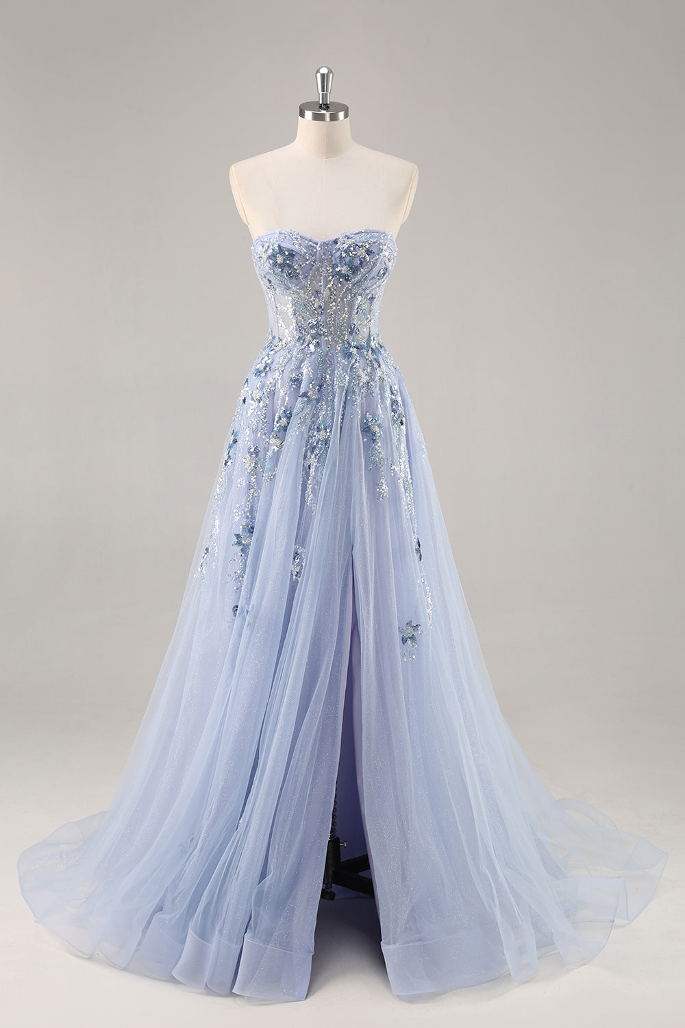 Blaues Trägerloses A-Linie Pailletten Tüll Korsett Langes Ballkleid mit Schlitz