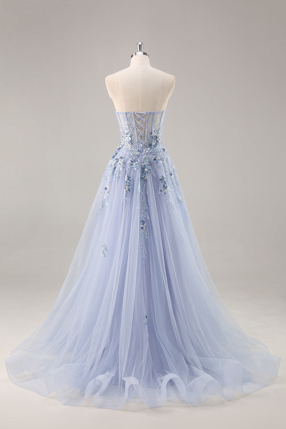 Blaues Trägerloses A-Linie Pailletten Tüll Korsett Langes Ballkleid mit Schlitz