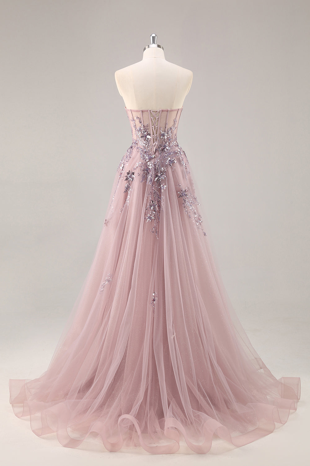 Blaues Trägerloses A-Linie Pailletten Tüll Korsett Langes Ballkleid mit Schlitz