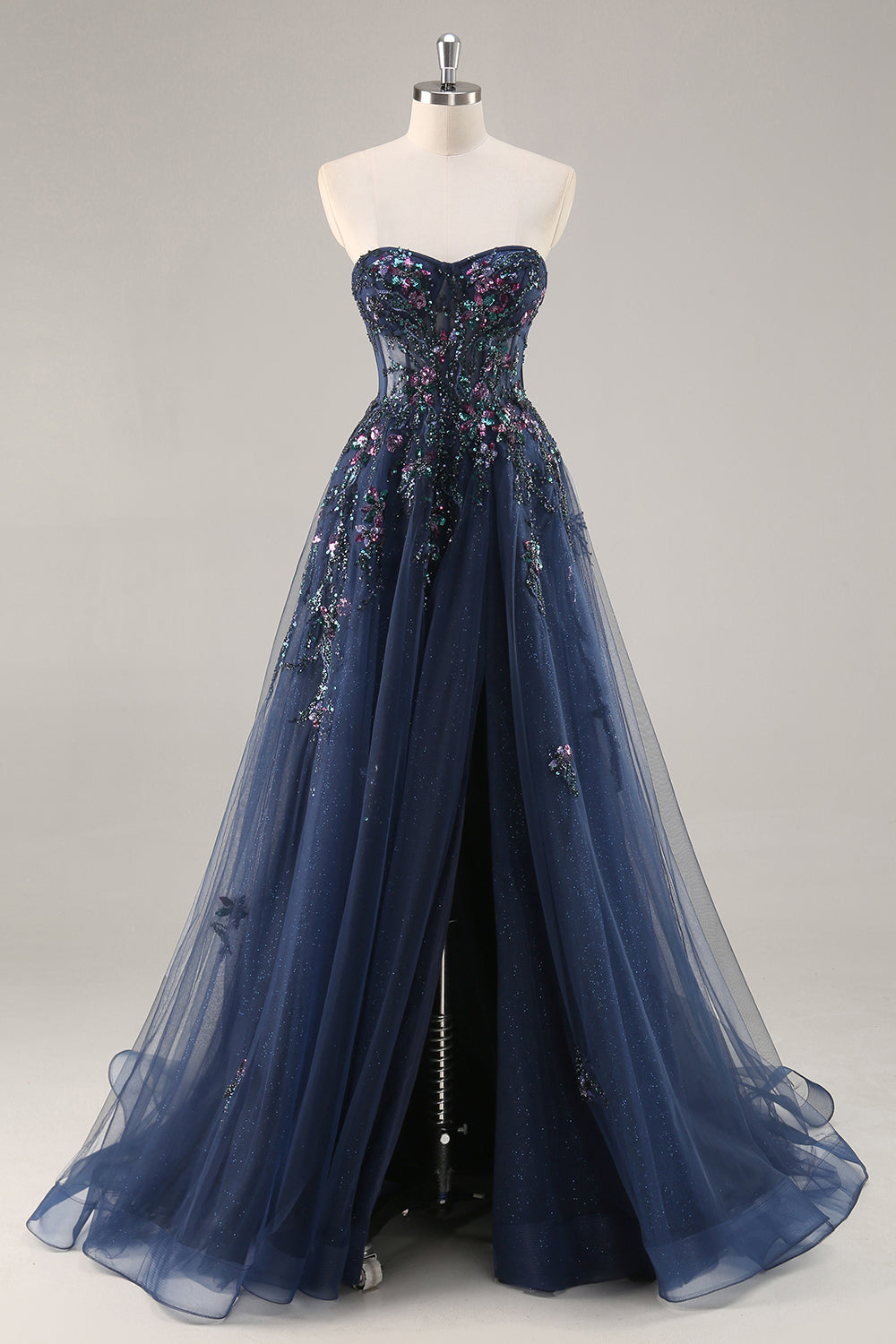 Blaues Trägerloses A-Linie Pailletten Tüll Korsett Langes Ballkleid mit Schlitz