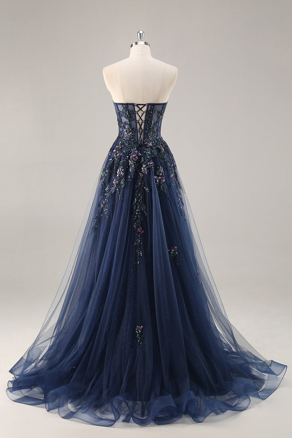 Blaues Trägerloses A-Linie Pailletten Tüll Korsett Langes Ballkleid mit Schlitz