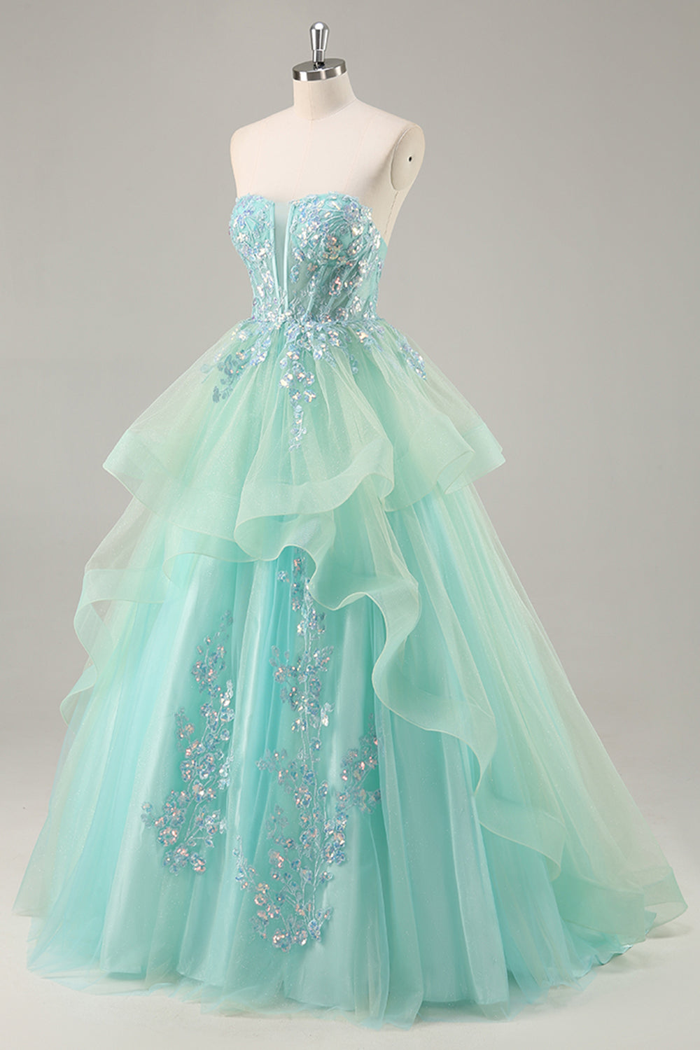 Trägerloses A-Linie Korsett Langes Ballkleid mit Pailletten