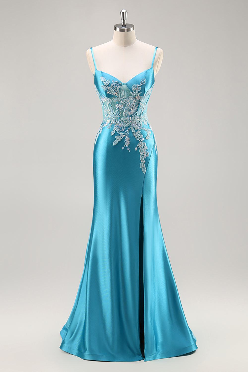 Meerjungfrau Satin Korsett Blaues Ballkleid mit Perlen