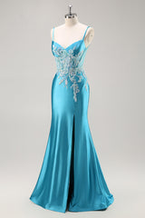 Meerjungfrau Satin Korsett Blaues Ballkleid mit Perlen
