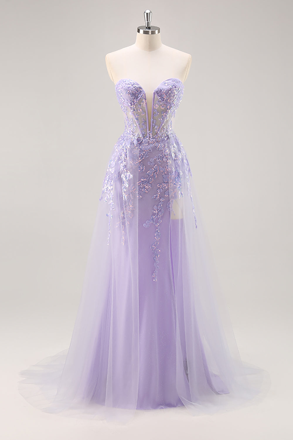 Flieder Trägerloses Korsett Ballkleid mit abnehmbarem Overlay