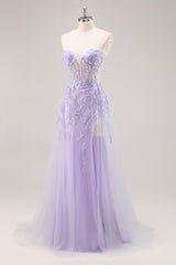 Flieder Trägerloses Korsett Ballkleid mit abnehmbarem Overlay