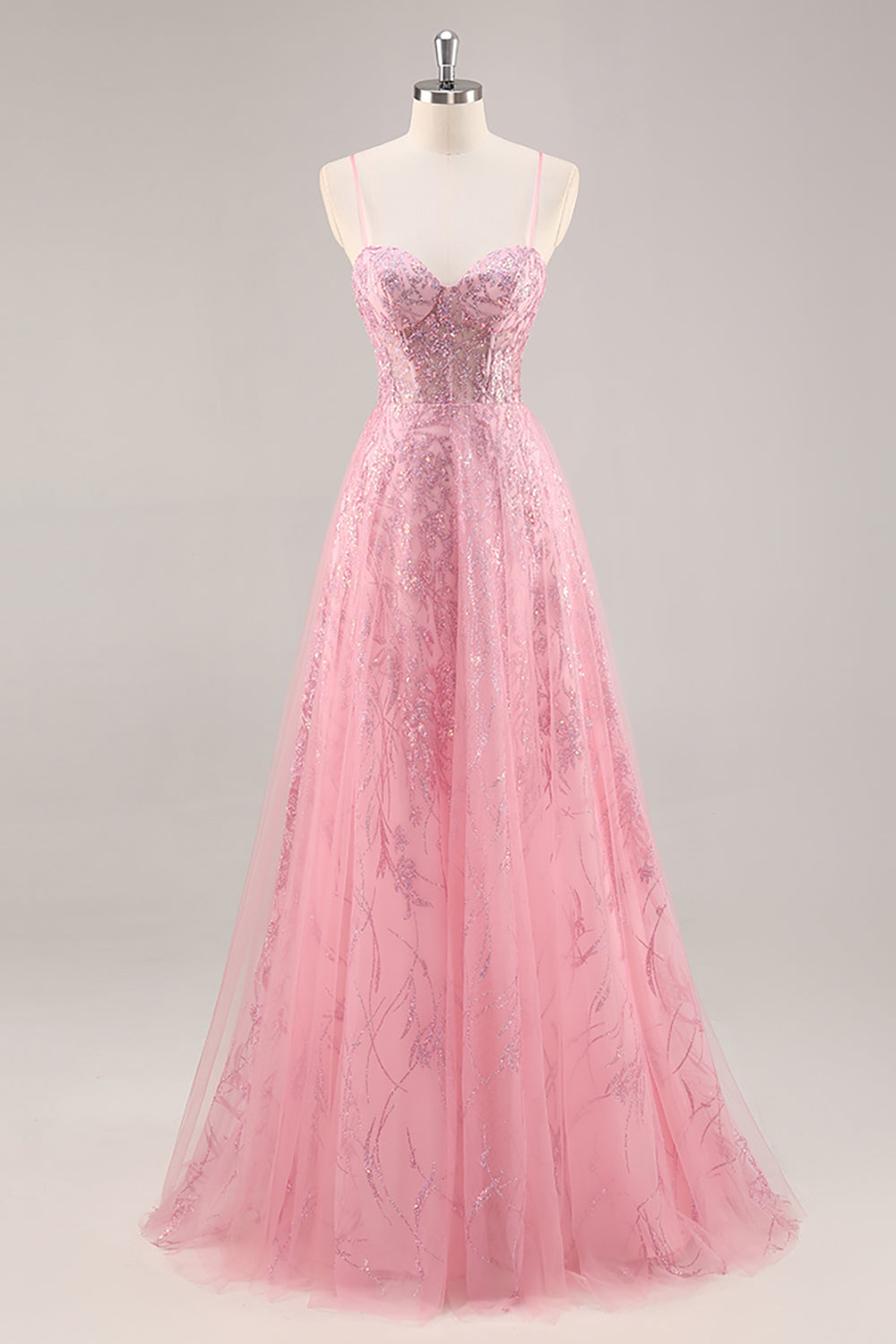Glitzerndes Rosa Korsett A-Linie Langes Ballkleid