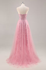 Glitzerndes Rosa Korsett A-Linie Langes Ballkleid