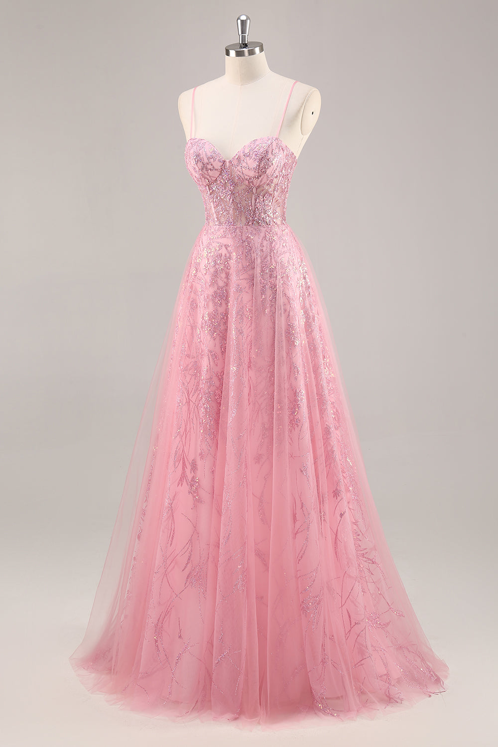 Glitzerndes Rosa Korsett A-Linie Langes Ballkleid