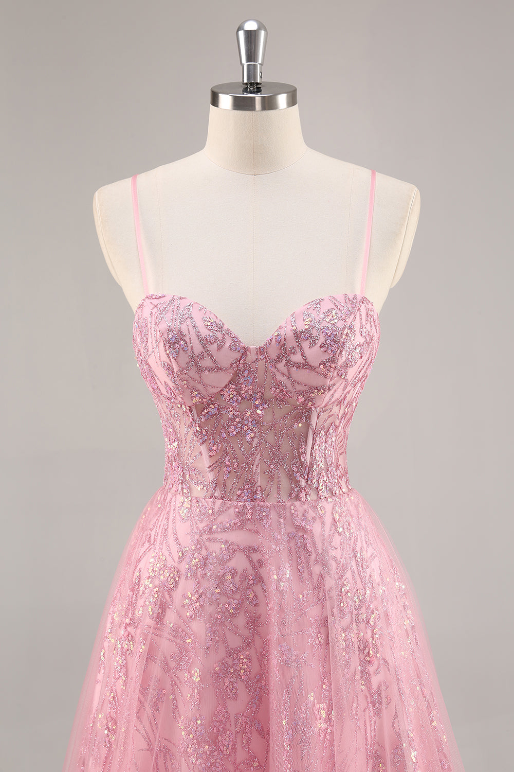 Glitzerndes Rosa Korsett A-Linie Langes Ballkleid