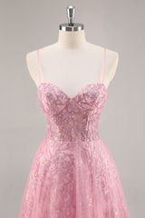 Glitzerndes Rosa Korsett A-Linie Langes Ballkleid