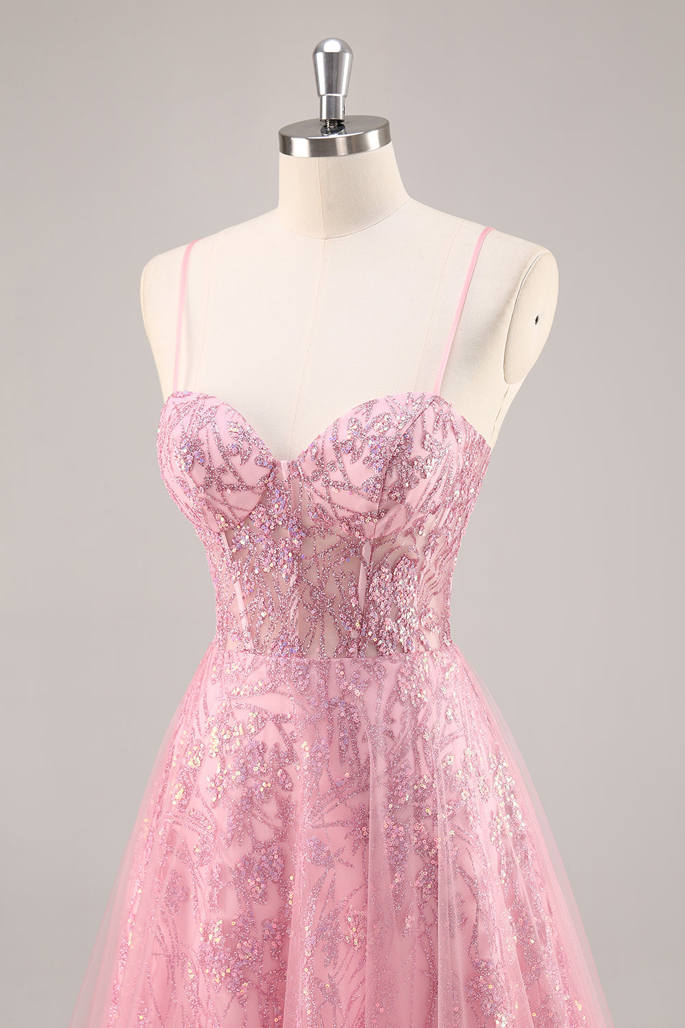 Glitzerndes Rosa Korsett A-Linie Langes Ballkleid