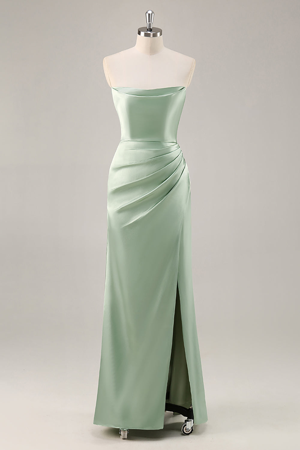 Salbeigrünes Trägerloses Langes Brautjungfernkleid aus Satin mit Schlitz